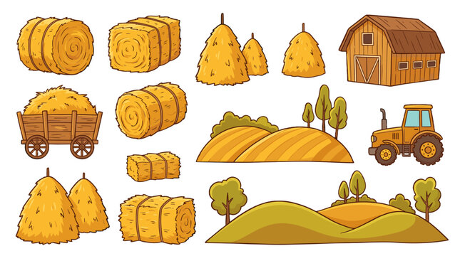 Cartoon farm elements set with hay bales barn tractor and fields