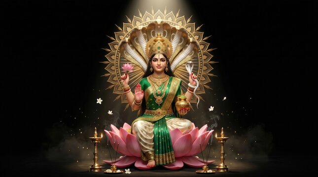 Divine hindu goddess manasa seated on a radiant pink lotus throne with traditional oil lamps and golden ornaments in a spiritual celebration of wealth prosperity