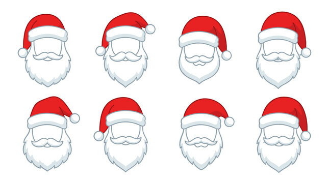 Set of Santa Claus face icons with red hats and white beards