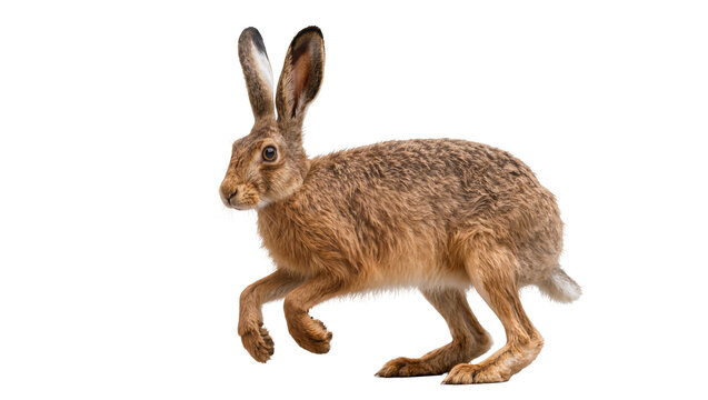 Brown hare running with long ears and fur