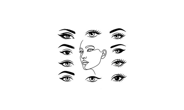 Eye shapes and woman profile line art collection on white background