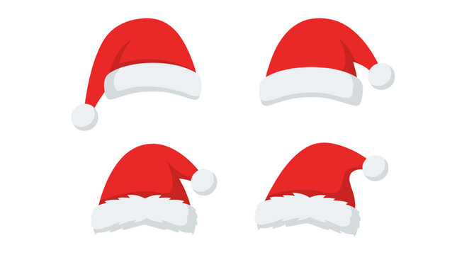 Set of four red Santa hats isolated on white background