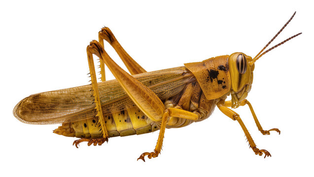 Detailed macro view of a yellow grasshopper with black spots