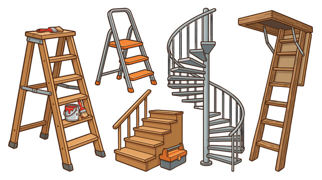 Set of ladders and stair types in cartoon vector style