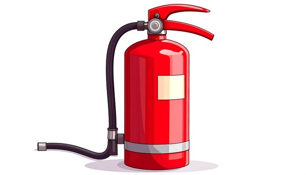 A vibrant red, cartoon-style extinguisher stands on white. It has a hose and a handle, ready to combat flames