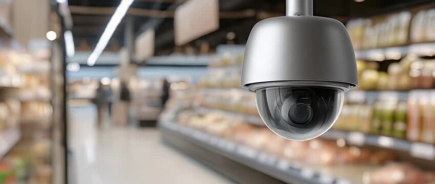 Security camera monitors shoppers in supermarket aisles during busy afternoon hours in a local store