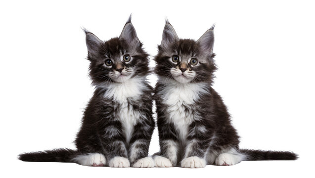 Two Maine Coon kittens with fluffy fur and white chests