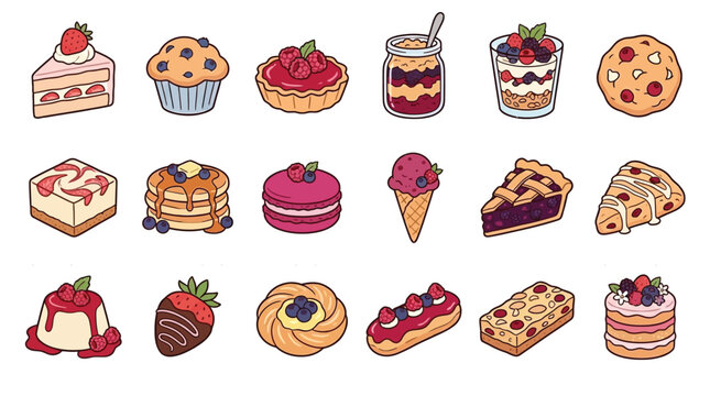 A delightful collection of sweet desserts and baked goods, including cakes, pies, cookies, and pastries, all illustrated in a charming cartoon style.