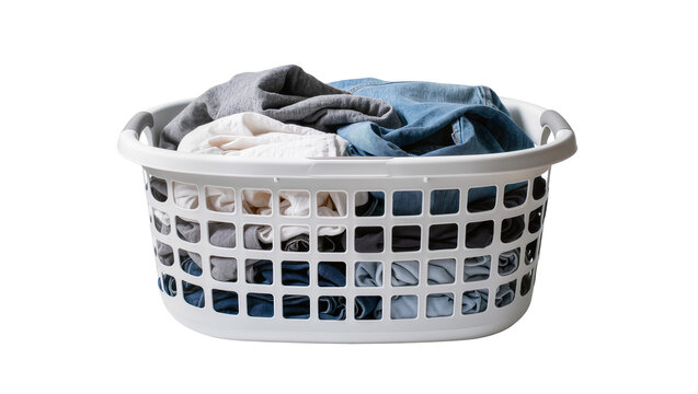 White plastic laundry basket full of folded clothes