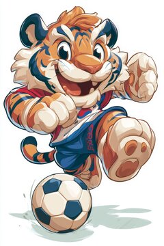 Energetic tiger mascot playing soccer cartoon style exciting sports environment fun concept