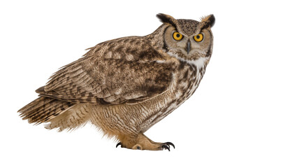 Obraz premium Great Horned Owl with yellow eyes and ear tufts