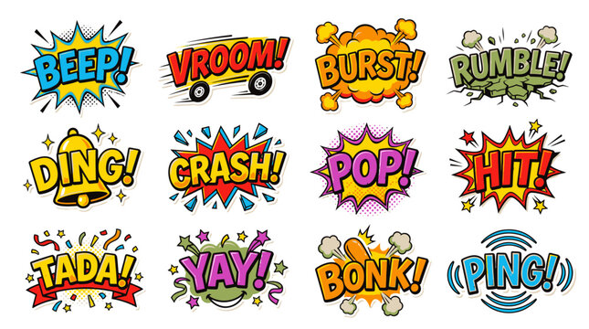 Vibrant hand drawn comic book sound effects bubbles