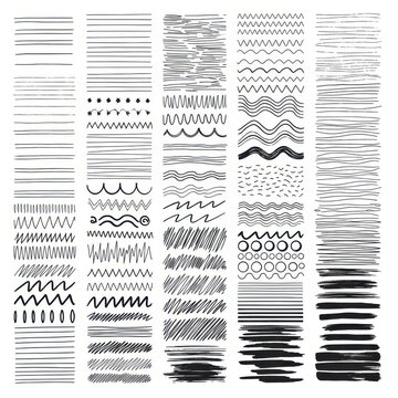 Collection of various handdrawn lines, strokes, and textures isolated on white background