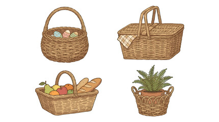 Obraz premium Set of hand drawn wicker baskets with food, eggs and plant