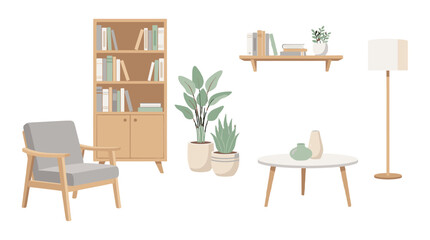 Fototapeta premium Modern living room furniture and decor vector set