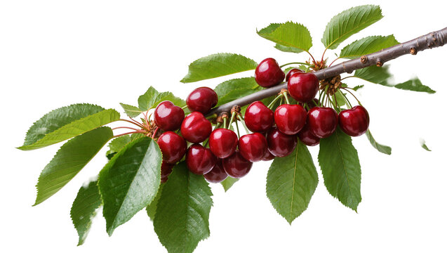 Ripe red cherries with green leaves on a branch