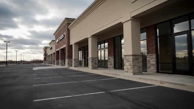 Empty parking lot in front of modern brick and stone storefronts in a commercial strip mall under a cloudy sky