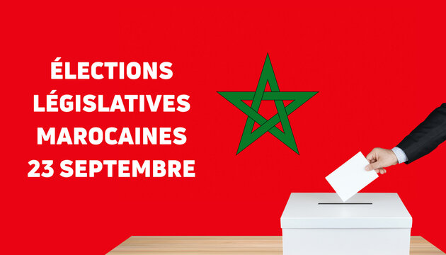 Morocco legislative elections september 23 graphic background with Moroccan flag, ballot box and french typography text for parliament vote. Moroccan elections banner template.