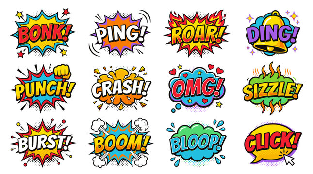 Vibrantly colored comic book onomatopoeia bubble set.