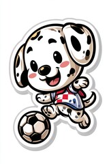 Fototapeta premium Playful dalmatian puppy kicking soccer ball fun environment cartoon style joyful perspective kid-friendly design