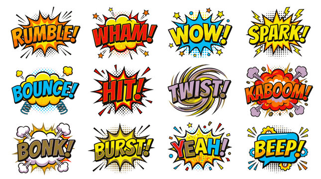 Vibrant mixed color comic book sound effect speech bubbles.