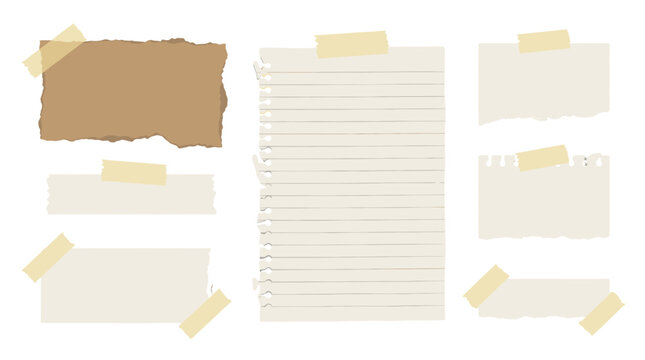 Set of torn paper notes and notebook sheets with tape