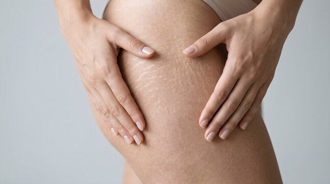 Close up of woman hands framing stretch marks on thigh with care against neutral background for a body positivity health and beauty lifestyle concept