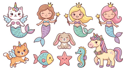 Fototapeta premium Cute fantasy characters and sea animals cartoon vector set