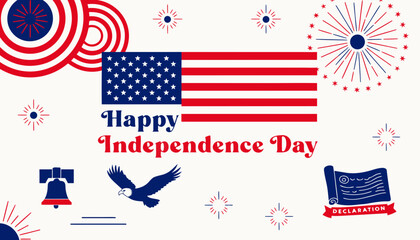 Obraz premium American Independence Day, patriotic icons, USA flag, fireworks, vector graphics