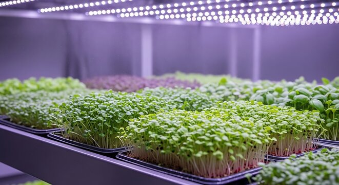 Hydroponic microgreens flourishing under vibrant grow lights in a vertical farming system, representing sustainable agriculture and healthy food production