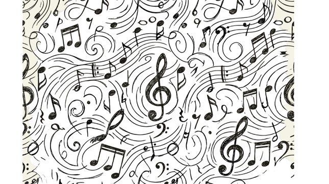 Hand drawn musical notes and treble clefs seamless pattern