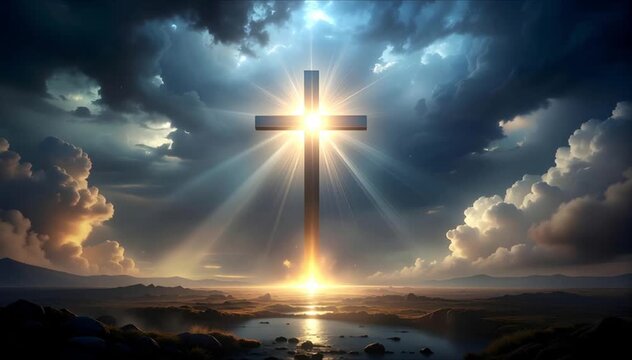 Ethereal glowing cross symbolizing passion and resurrection with divine light rays (AI Generated)