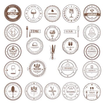 A collection of 20 brown and white circular food-themed icons