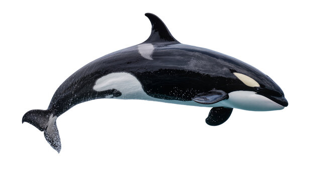 Orca whale swimming, black and white killer whale with white eye patch