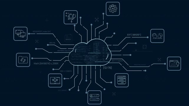 Infographics of a cloud computing network showing code and computation