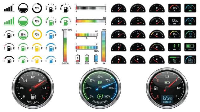 Collection of diverse colorful vector fuel and electric vehicle battery charge level indicator gauge designs