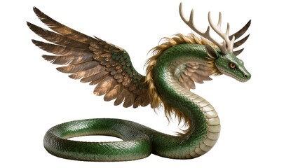 Fototapeta premium Green winged dragon with antlers and feathered wings
