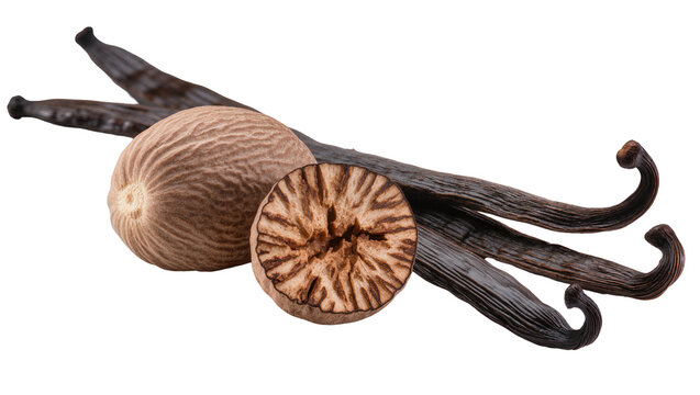 Whole and halved nutmeg with dark vanilla beans