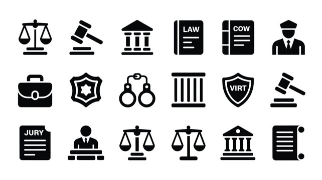 Law and judicial system solid icons featuring scales gavel courthouse and police elements.