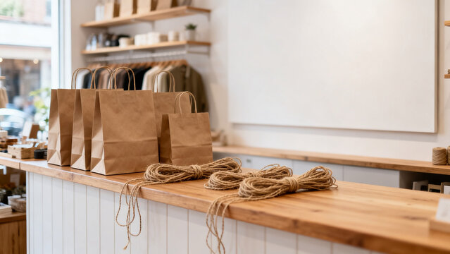 Independent retail display with ceramic pieces natural wood shelf local ret
