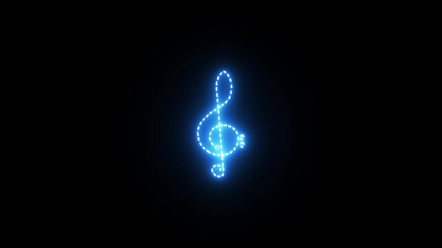 Glowing neon music icon animation on a black background, blue neon glowing single musical note icon abstract design animation on 4k video footage.