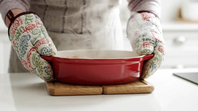 A person wearing oven mitts holding a red baking dish in a modern kitchen for a cooking video