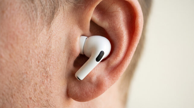 Close up view of white wireless earbud in human ear