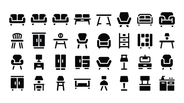 Furniture icon collection featuring various sofas chairs tables and storage for interior.