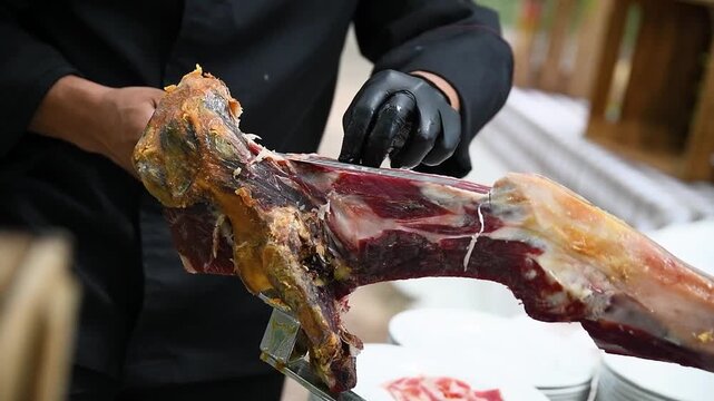 Close Up of Professional Carver Slicing Traditional Spanish Serrano Ham