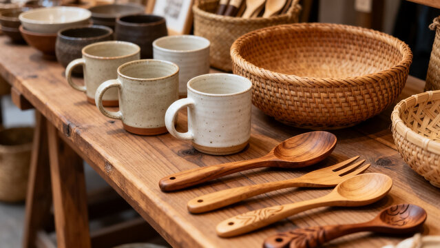 Independent retail display with ceramic pieces natural wood shelf local ret