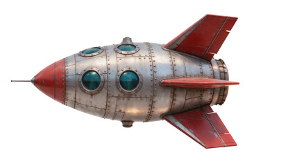 Retro silver and red rocket ship with porthole windows © Elena