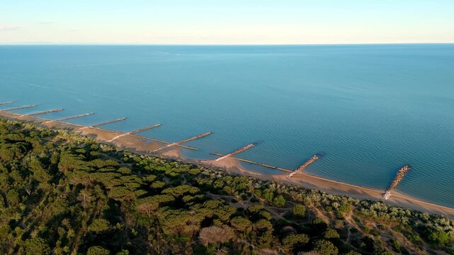 drone shot tracking above the lush green maritime pine forest lining the sandy beach and calm sea at sunset near Eraclea Mare and the Piave river mouth, Veneto, Italy