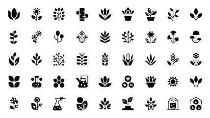 Collection of black botanical icons featuring various types of plants flowers and foliage. © Shela