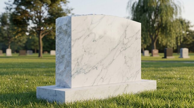 Blank white marble gravestone standing in a peaceful cemetery garden under golden hour sunlight with room for custom text